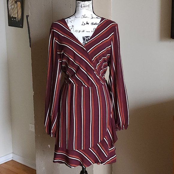 Xhiliration Maroon Striped Wrap Dress with Long Puff Sleeves - Picture 2 of 8